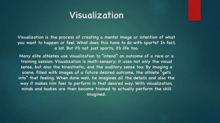 Slide titled “Visualization” explaining how athletes use visualization.