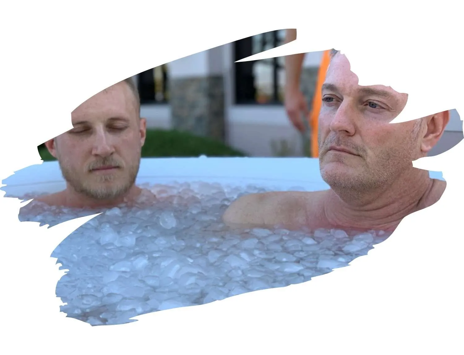 Two men sitting in an ice bath, shown in a brush-stroke frame